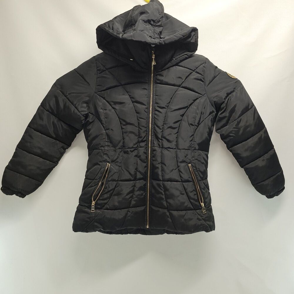 bebe Black Quilted Puffer Jacket LG | Gold Zippers | Hooded | Used